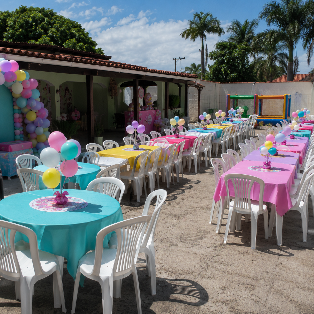Evento com mesas e cadeiras de plástico montado ao ar livre